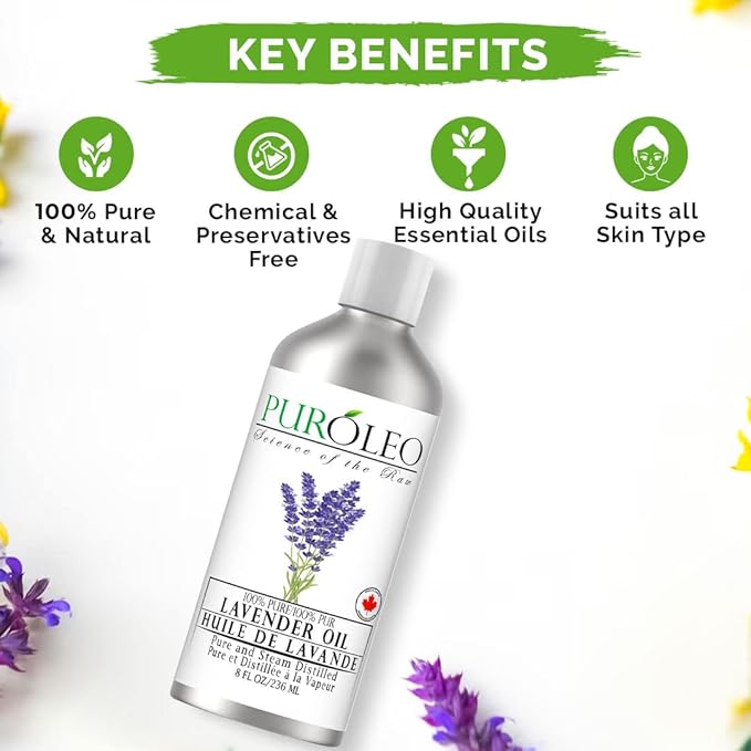 PUROLEO Lavender Essential Oil 8 Fl Oz/236 ML (Packed in Canada) 100% Pure Natural Undiluted for Aromatherapy, Aromatherapy Oil for Sleep, Relaxation Bulgaria France Oil Diffuser