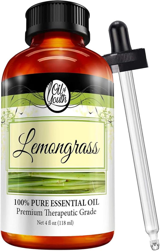 Oil of Youth Therapeutic Grade Lemongrass Essential Oil 4 fl oz with Dropper for Diffuser, Hair, Skin, and Aromatherapy