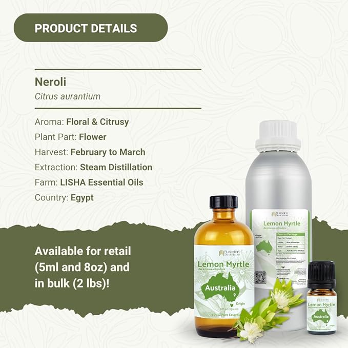 Neroli Essential Oil - Direct from Egyptian Nile Delta Farms - Steam Distilled - Aceite Azahar for Aromatherapy, Massage, Diffuser, DIY Candle and Soap Making - 2lbs