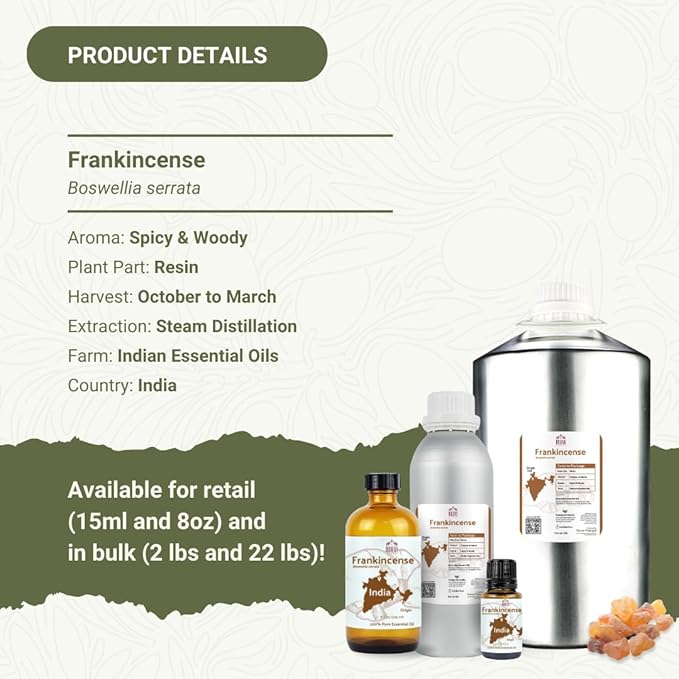 Frankincense Essential Oil - Direct from Madhya Pradesh, India - Pure Essential Oil for Diffusers and Aromatherapy | 100% Pure Therapeutic Grade Natural Aceite de Incienso (15ml)