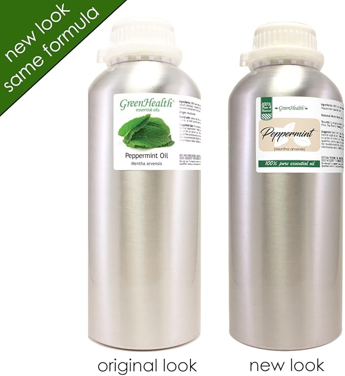 GreenHealth Peppermint Essential Oil – 32 fl oz (946 ml) – 100% Pure & Uncut – Strong Menthol Scent – Aluminum Bottle with Plug Cap – for Diffusers, Cleaning, DIY