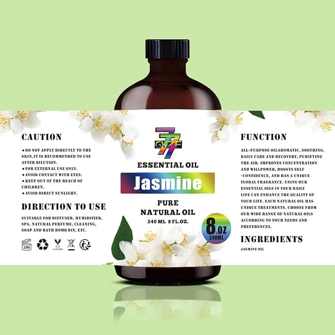 Jasmine Essential Oil - GV77ZF Jasmine Oils for Diffusers, Humidifiers, DIY Candles, Soap, Cleaning, Home, Office, Yoga, Massage, Gifts - 8 fl oz (240 ml)
