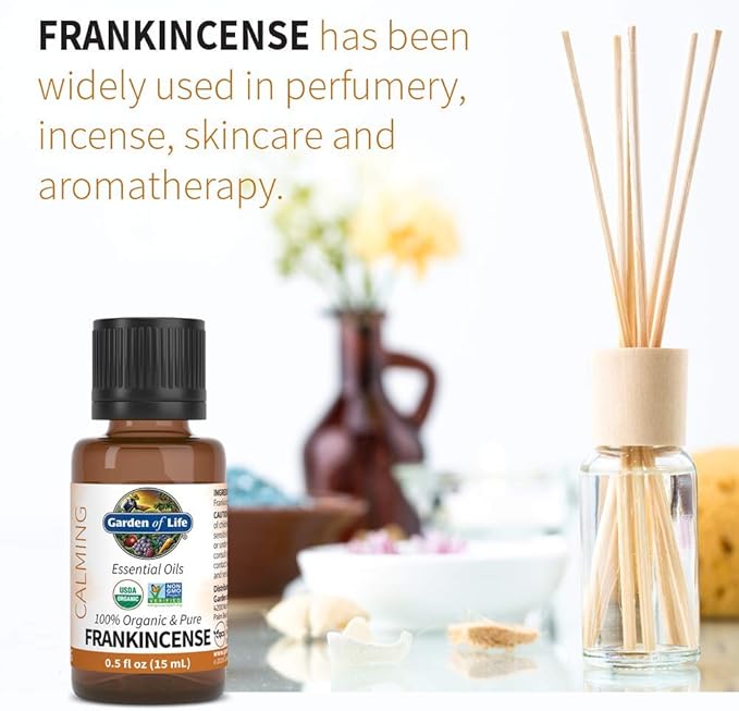 Garden of Life Essential Oil, Frankincense 0.5 fl oz (15 mL), 100% USDA Organic & Pure, Clean, Undiluted & Non-GMO - for Diffuser, Aromatherapy, Meditation, Skincare - Calming, Uplifting, Soothing