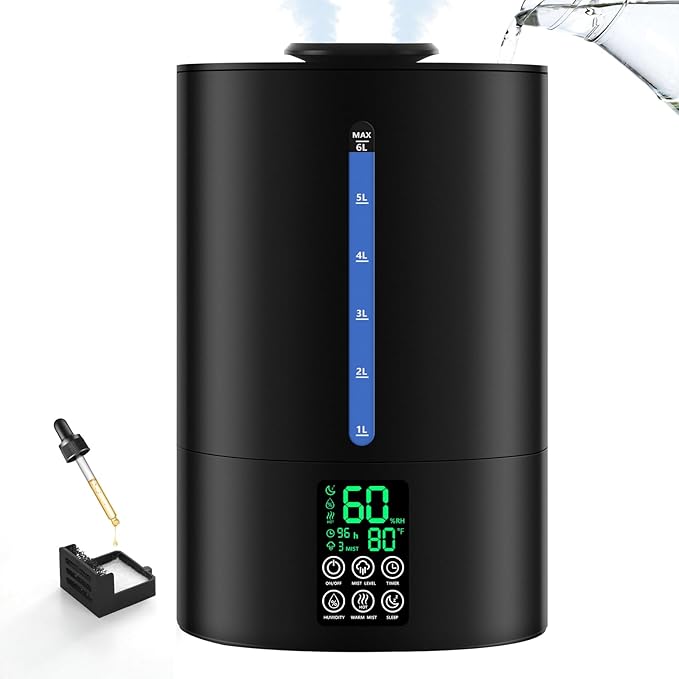 Coolfiqu 6L Humidifiers for Bedroom Large Room Home, Cool and Warm Humidifier for Plants Mist Top Fill Desk Humidifier Essential Oil Diffuser, Quiet Humidifiers with Adjustable Mist,360°Nozzle-Black
