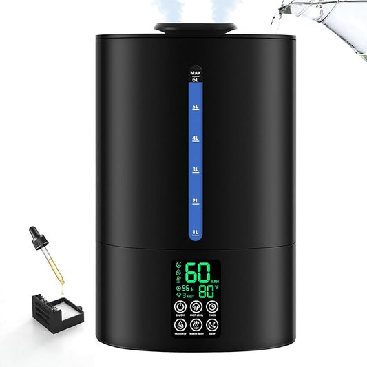Coolfiqu 6L Humidifiers for Bedroom Large Room Home, Cool and Warm Humidifier for Plants Mist Top Fill Desk Humidifier Essential Oil Diffuser, Quiet Humidifiers with Adjustable Mist,360°Nozzle-Black