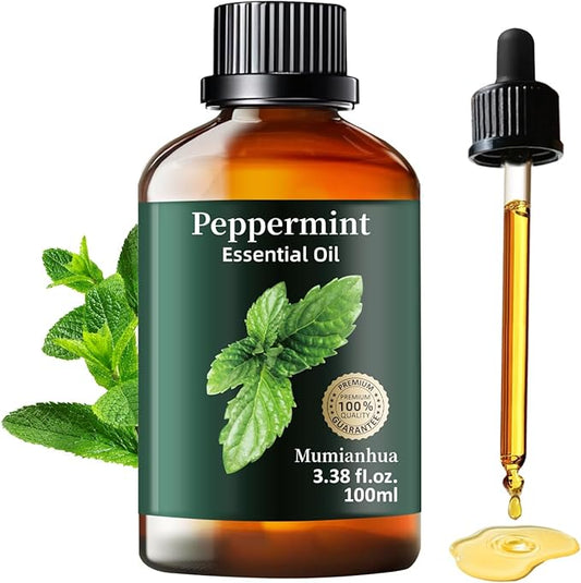 Peppermint Essential Oil,Mumianhua Pure Peppermint Oil, Steam-Distilled for Energy Focus & Soothing, Cooling Relief Oil for Diffuser, Skin,Hair & Natural Cleaning, 3.38 Fl Oz