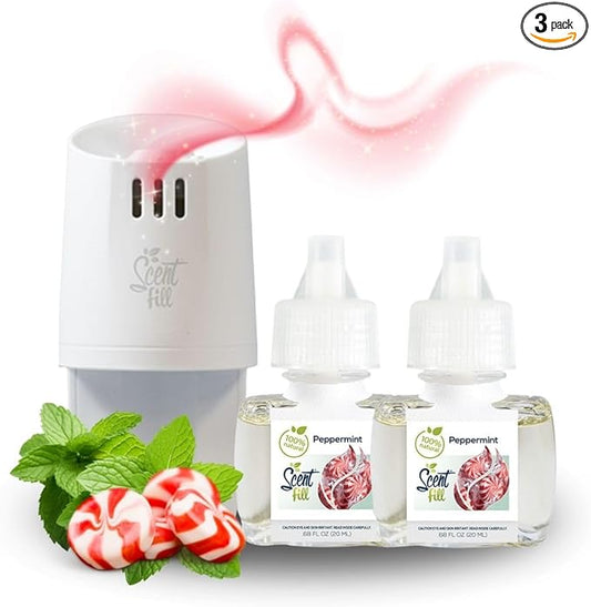 Scent Fill 100% Natural Peppermint Plug in Air Freshener, Scented Oil Refills, 2 Refills + Diffuser