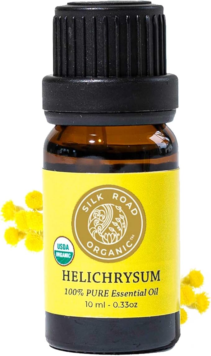 Silk Road Organic Helichrysum Italicum Essential Oil for Skin Care, Wrinkles, Scars, Bruises – 10ml Undiluted Euro Dropper, USDA Certified Immortelle Oil - Always Pure, Always Organic