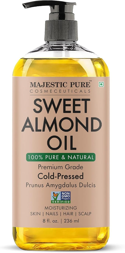 Majestic Pure Oil - 100% Pure and Natural- Cold Pressed & Hexane Free Natural Hair Growth Oil for Eyelashes, Eyebrows, Skin, Body, Face, Nails & Scalp - Sweet Almond Oil 8 Fl Oz