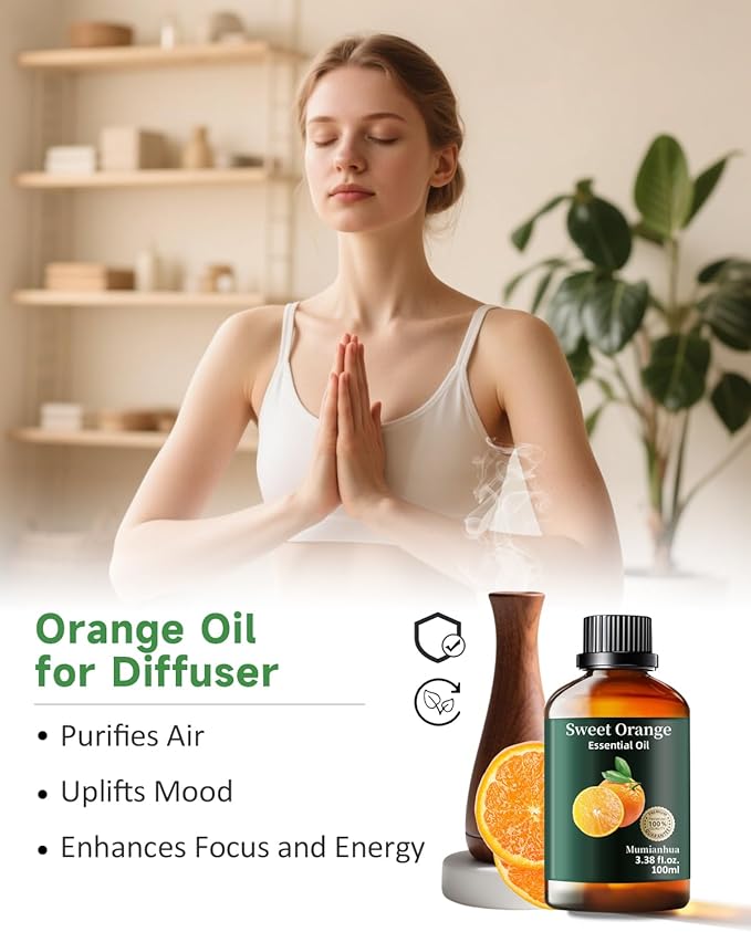 Orange Essential Oil, Pure Sweet Orange Oil Mumianhua Cold-Pressed Aromatherapy Oil for Uplifting Diffuser & Natural Cleaning, Skin-Safe for DIY Perfume, Soap & Candle Making, 3.38 Fl Oz
