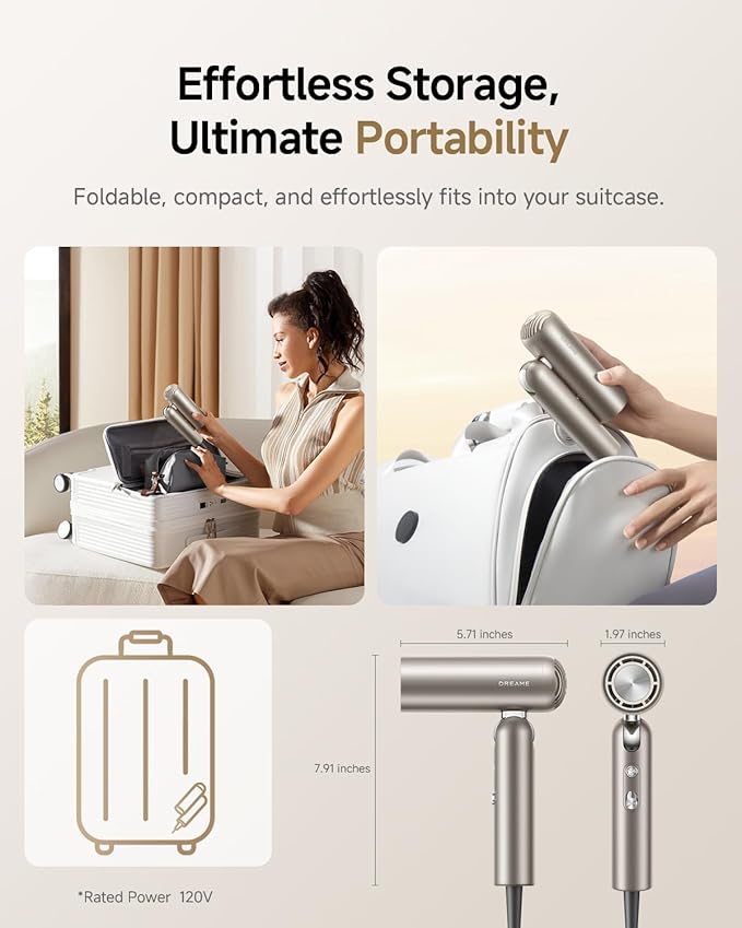 Dreame Pocket Hair Dryer - Ultra Lightweight Blow Dryer with 2 Styling Attachments, Fast Drying, High-Speed Brushless Motor, 300M Negative Ions, Low Noise, Portable for Home & Domestic Travel & Gym
