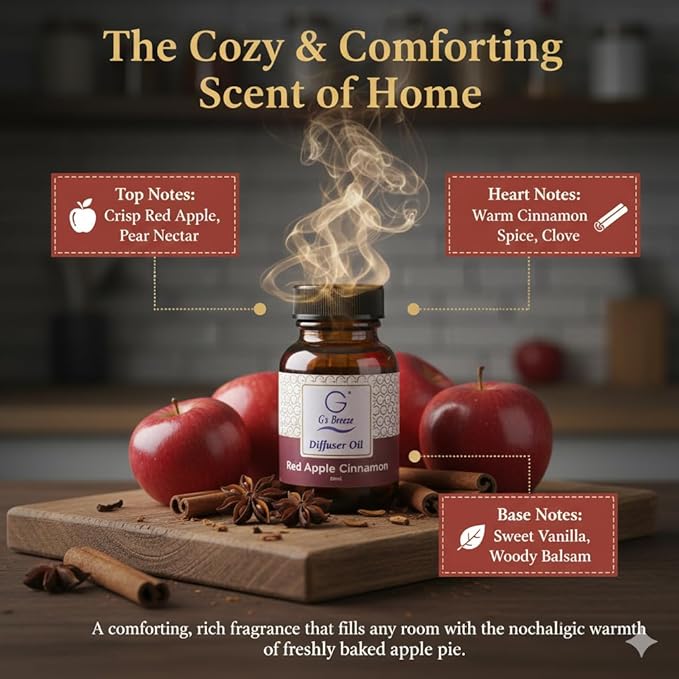 G’s Breeze Smart Diffuser with Refill – Bluetooth & Wi-Fi App Control, Gradient LED Lighting, Adjustable Scent Intensity, 24 Hour, Aromatherapy Diffuser for Home & Office - Red Apple Cinnamon
