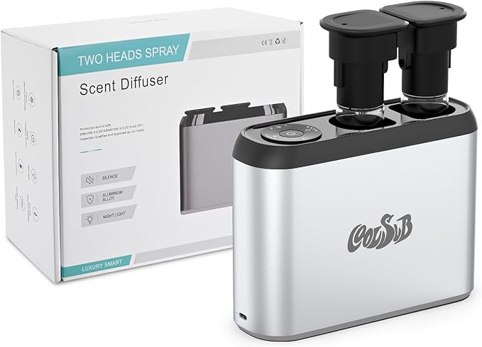Smart Aroma Diffuser, Dual-Nozzle Waterless Essential Oil Diffuser with Cool Mist, Super Silent Aromatherapy Essential Oil Diffuser Battery Operated for Car, Home, Office Silver