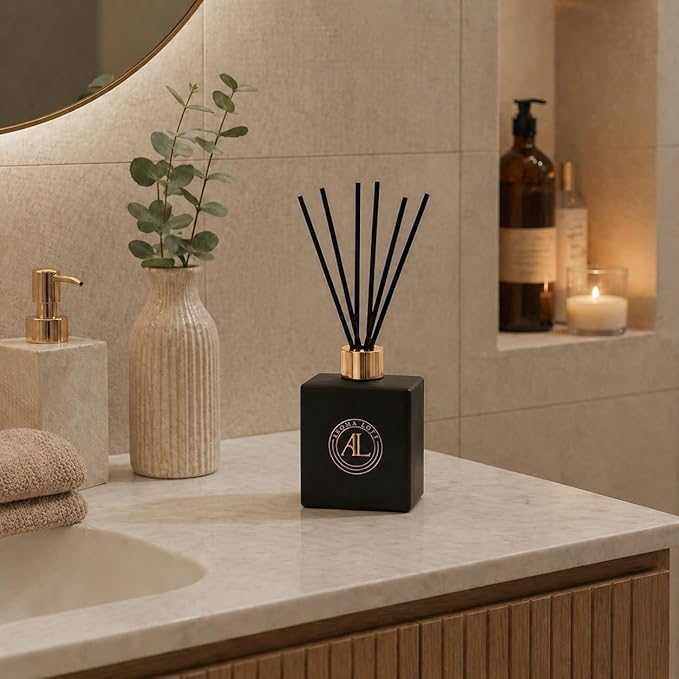 Reed Diffuser - Fragrance Diffuser for Home - 5 oz. Oil Diffuser Sticks - Bathroom Diffuser Set- Oil Diffuser Reeds - Scent Sticks in Oil-Office Smell Good Stuff (Black, Fresh Linen)