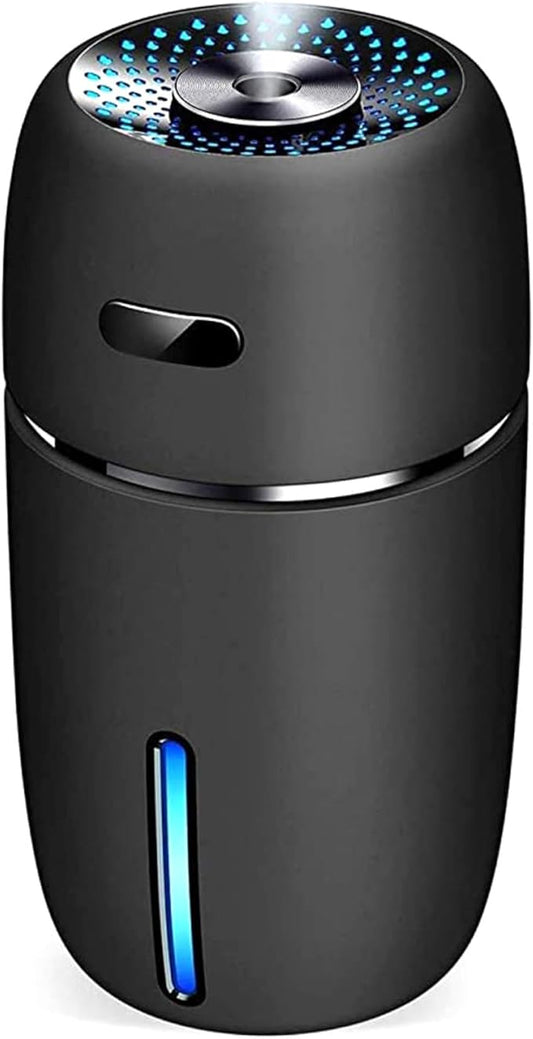 Car Humidifier, 200ml Round Mini Air Diffuser, Low Noise Warm Car Diffuser with Light, USB 2 Gear Air Freshener for Home Office Bedroom (Black)