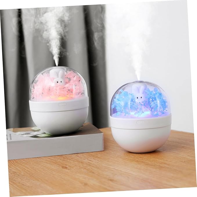 Cute Pink Rabbit Humidifier with Preserved Flower Portable LED Aroma Diffuser Low Noise Mist Maker Night Light for Home and Office Use