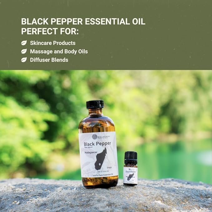 Black Pepper Essential Oil - Direct from Madagascar Farms - Steam Distilled - Aceite Pimienta Negra for Aromatherapy, Massage, Diffuser, DIY Candle and Soap Making - 8oz