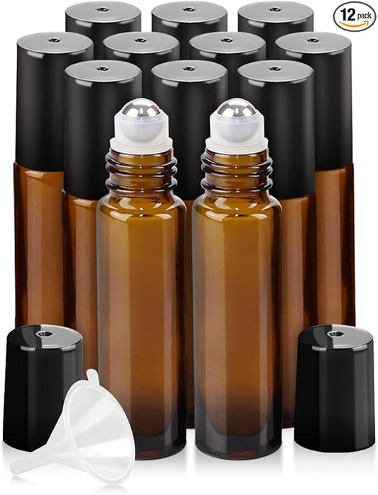 Worldgsb 12 Pack Essential Oil Roller Bottles, 10ml Refillable Amber Glass Roller Bottles with Stainless Steel Roller Balls and Caps for Travel, Perfume and Lip Gloss