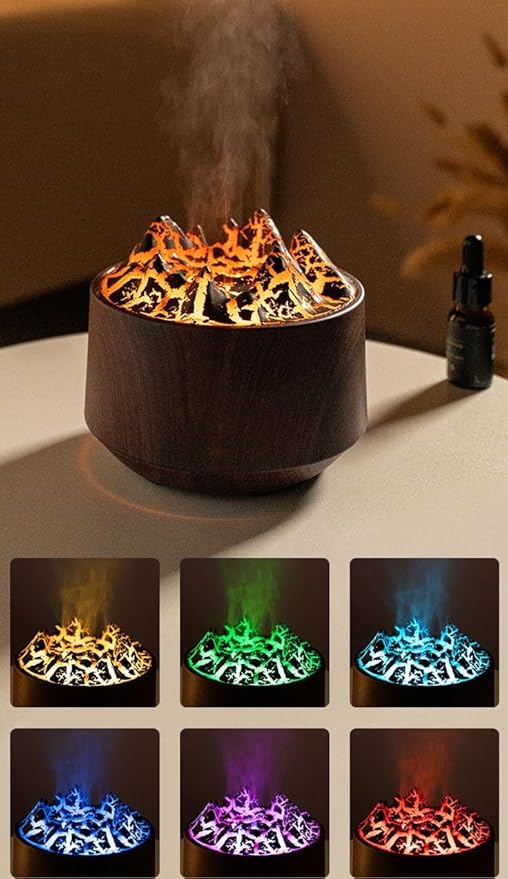 Essential Oil Diffuser, Volcano Fire Flame Aromatherapy Diffuser, 300ml Ultrasonic Cool Mist Humidifier, Scent Aroma Diffuser with 7 Colors Light, Timer&Auto Shut-Off for Home, Room (Dark Wood)