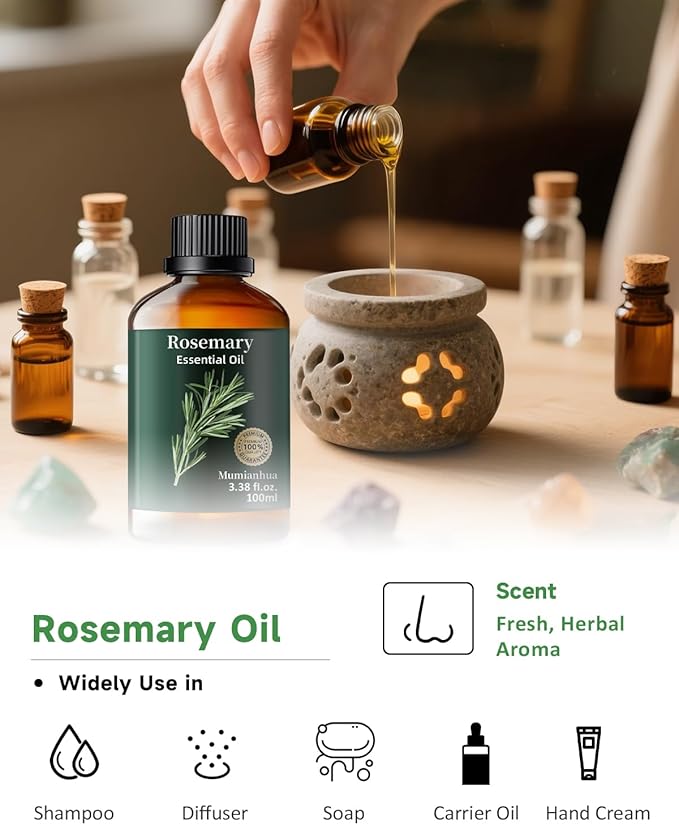 Rosemary Essential Oil, Mumianhua Pure Rosemary Oil Steam-Distilled for Scalp Revitalization & Hair Strength, Natural Focus for Diffuser & DIY, Skin 3.38 Fl Oz