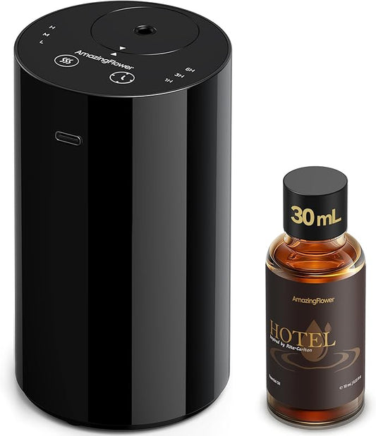 Waterless Essential Oil Diffuser Starter Kit with 30mL Hotel Fragrance Oil Inspired by Ritz-C., Battery Operated Mini Scent Diffuser, Portable Aromatherapy Diffuser for Home, Car, Office (Black)