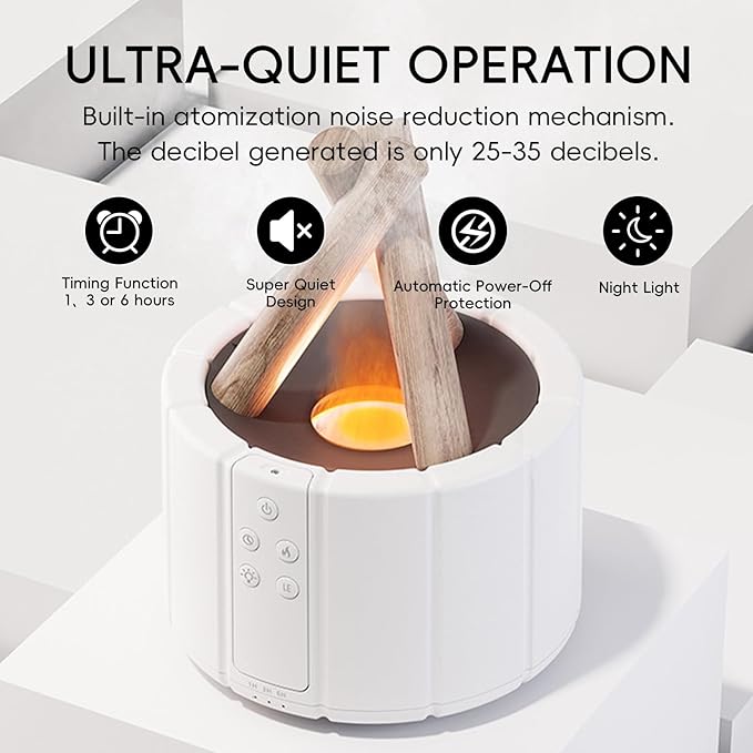 YALEDI Campfire Flame Fire Diffuser, Bonfire Aromatherapy Essential Oil Diffuser, 250ml Wood Cool Mist Humidifier for Home,Bedroom,Office, Remote Control, Auto Shut-Off, Night Light, Gift (White)