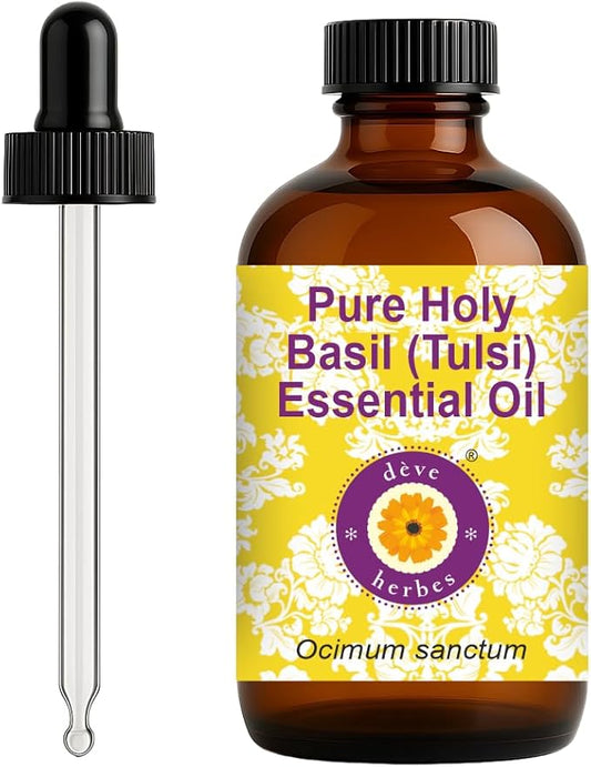 Deve Herbes Pure Holy Basil (Tulsi) Essential Oil (Ocimum Sanctum) with Glass Dropper Steam Distilled 120ml (4 oz)