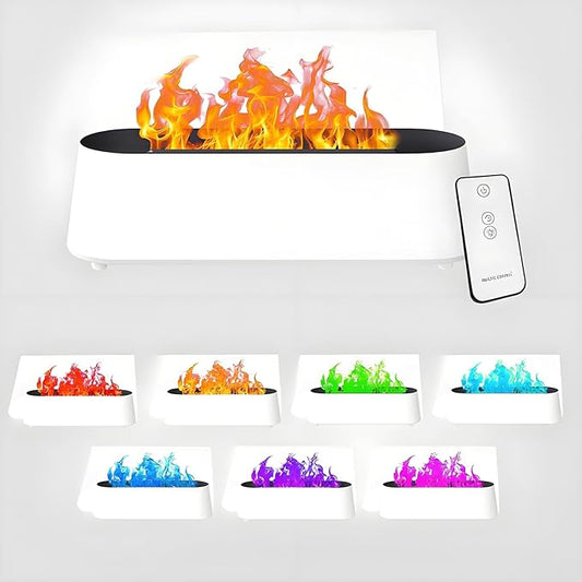 Fireplace Flame Diffuser, Aromatherapy Essential Oil Diffuser, 300ml Cool Mist Ultrasonic Humidifier for Bedroom,Office,Home,Yoga, Timer & Auto Shut-Off, 7 Colorful Night Light (White)