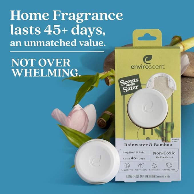 Enviroscent Non-Toxic Air Freshener Plug Hub® Warmer Refillable Kit - Refillable Plug-in Air Freshener - Home Fragrance Lasts Up to 45 Days - Mother’s Day Gift for Mom - Rainwater & Bamboo Scent
