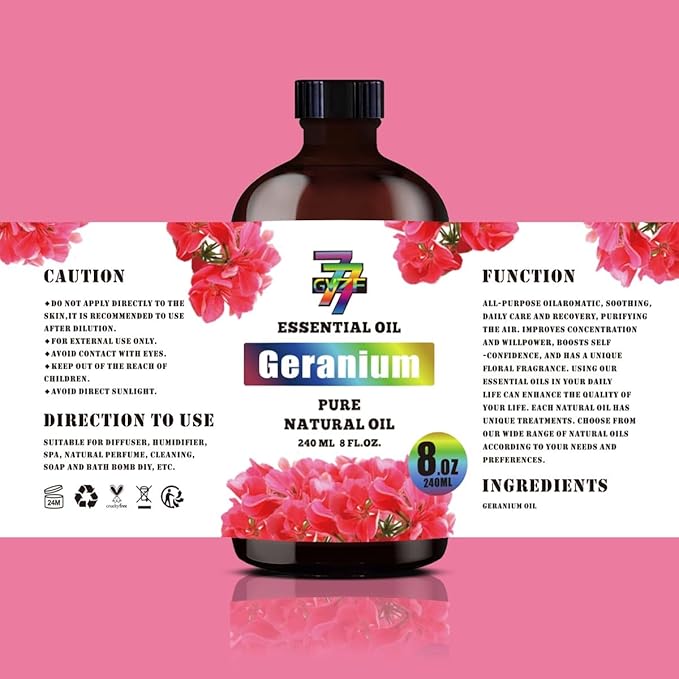 Geranium Essential Oil - GV77ZF Geranium Oils for Diffusers, Humidifiers, DIY Candles, Soap, Cleaning, Home, Office, Yoga, Massage, Gifts - 8 fl oz (240 ml)