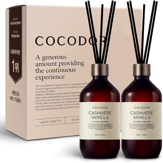 COCODOR Premium Reed Diffuser/Cashmere Vanilla /16.9oz /2 Pack/Large Capacity Fragrance Scent Oil Stick Diffuser Set for Bedroom Bathroom Home Décor