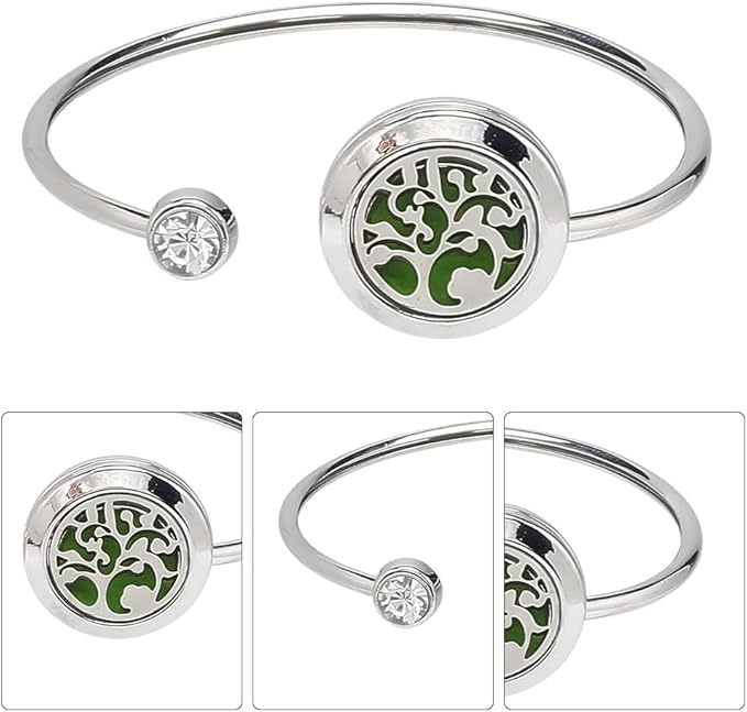 SUNNYCLUE 1 Box 2 Sets Tree of Life Essential Oil Bracelet Blank Bangles bulk with 10Pcs Refill Pads Stainless Steel Aromatherapy Diffuser Locket Adjustable Band Jewelry for Women Birthday Gifts Adult