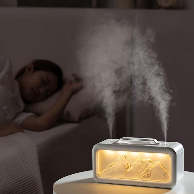 600ML Dual Mist Spray Snow Mountain Essential Oil Diffuser with 3 Modes Night Light USB Desktop Humidifier for Bedroom Home Office