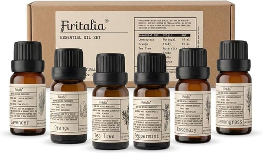 Natural Essential Oils Set - Pure Scents for Wellness: Lavender, Peppermint, Rosemary, Lemongrass, Orange, Tea Tree - 10ml Each