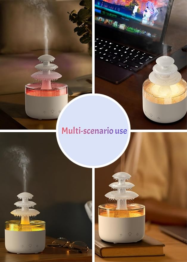 Cloud Rain Humidifier & Essential Oil Diffuser with 7-Color LED Mood Lights, White Noise Rain Sounds & Waterless Auto Shut-Off – Quiet Ultrasonic Aroma Therapy for Bedroom, Nursery, Office(500ml)