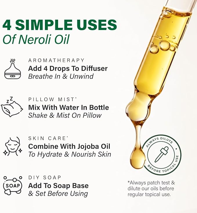 100% Pure Neroli Oil - 4 Fl Oz Neroli Essential Oil for Hair, Skin, Diffuser, Aromatherapy & DIY Soap Making Scent