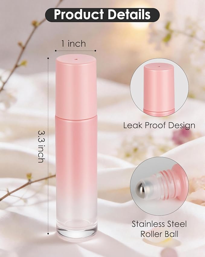 Worldgsb 12 Pack Essential Oil Roller Bottles, 10ml Refillable Glass Roller Bottles with Stainless Steel Roller Balls and Caps for Travel, Perfume and Lip Gloss Pink Gradient