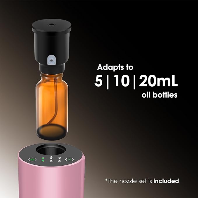 Waterless Essential Oil Diffuser, 7 Colors LED Light, Battery Powered Mini Scent Air Machine, Aromatherapy Mist Diffuser for Home Room Car Office，Black Aluminum Alloy (Pink)