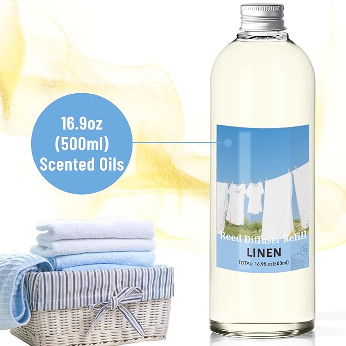 STRN Linen Reed Diffuser Refill 500ml with 6 Natural Reed Sticks, Smooth Aromatherapy for Home, Cozy Comfort Fragrance for Bedroom, Closet, Bathroom