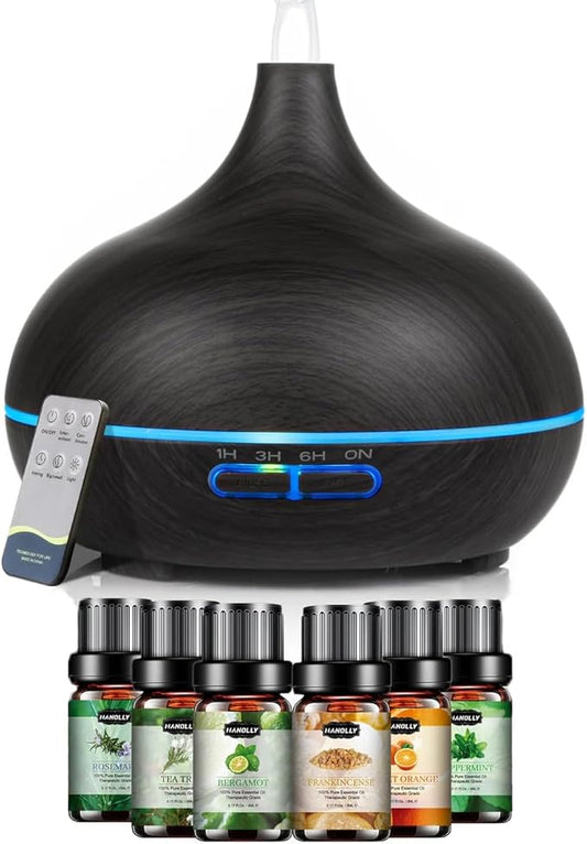 550ml ultrasonic Aromatherapy Essential Oil Diffuser with Remote Control, Dark Wood Grain, Including 6 Essential Oils, 4 Timer Settings, LED Light, Cold Mist humidifier