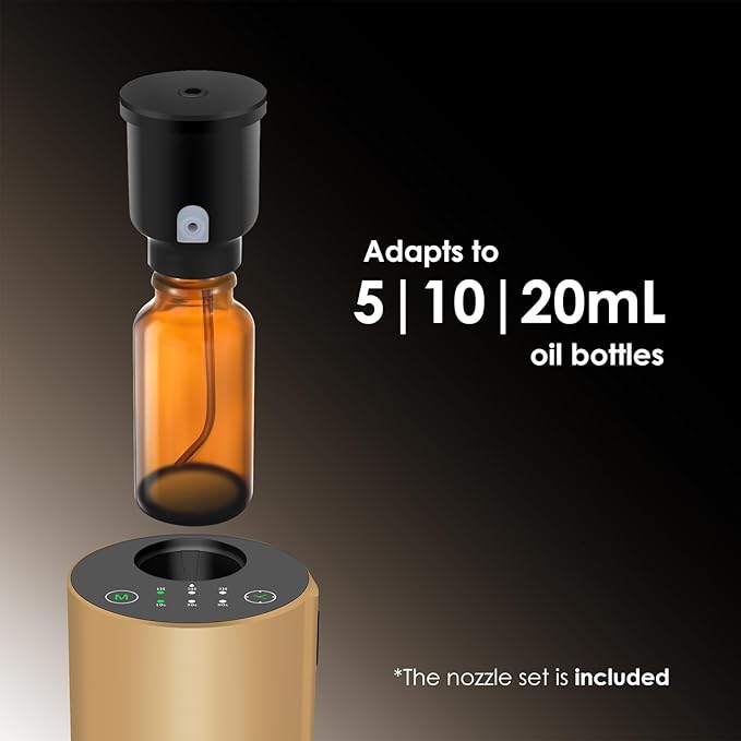 Waterless Essential Oil Diffuser, 7 Colors LED Light, Battery Powered Mini Scent Air Machine, Aromatherapy Mist Diffuser for Home Room Car Office，Black Aluminum Alloy (Gold)