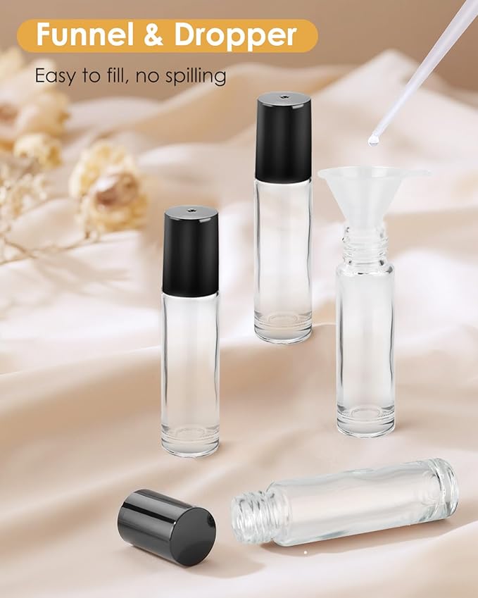 Worldgsb 25 Pack Essential Oil Roller Bottles, 10ml Refillable Clear Glass Roller Bottles with Stainless Steel Roller Balls and Caps for Travel, Perfume and Lip Gloss