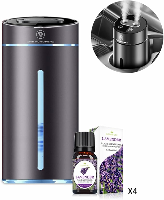 Smart Car Air Freshener, Car Air Freshener Diffuser with Humidifier, Auto On/Off, 3 Mode Adjustable, with 4 Essential Oils(Purple)