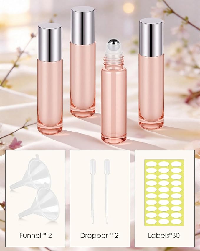 Worldgsb 12 Pack Essential Oil Roller Bottles, 10ml Refillable Glass Roller Bottles with Stainless Steel Roller Balls and Caps for Travel, Perfume and Lip Gloss Rose Gold