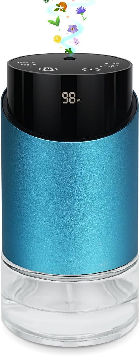 Waterless Essential Oil Diffuser for Home Rechargeable Aluminum Alloy Scent Diffusers with 4 Timer Settings, 3 Mist Levels with Vehicle Mode for Car Room Studio Office, Black Metal,100ml (Blue)