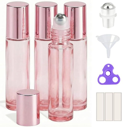 PrettyCare 4 Pack, 10 ml Essential Oil Roller Bottles with Stainless Steel Roller Ball - Refillable Leak-proof Empty Thick Pink Glass Roll on Bottles with Pink Caps for Travel, Perfume