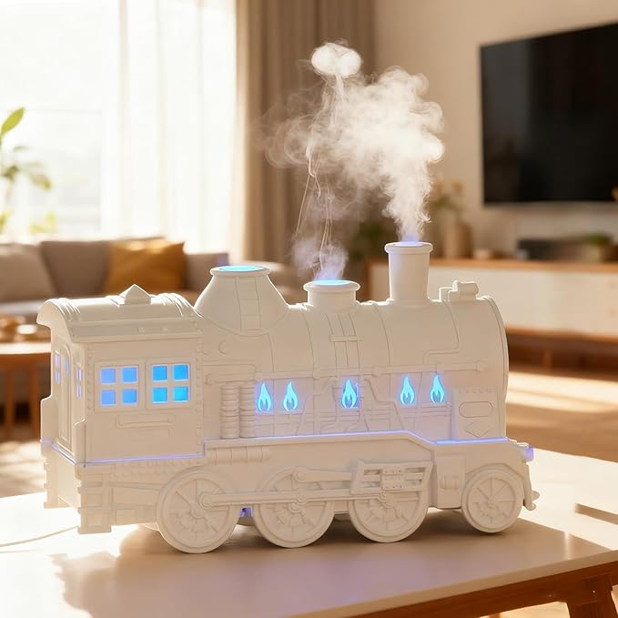 Train Diffuser, 2026 New 300ML Large Capacity Train Humidifier with Dual Cool Mist Outlets, Train Oil Diffuser with 2-Color LED, Remote Control, Auto-Off, Quiet for Bedroom Office (White, Remote)