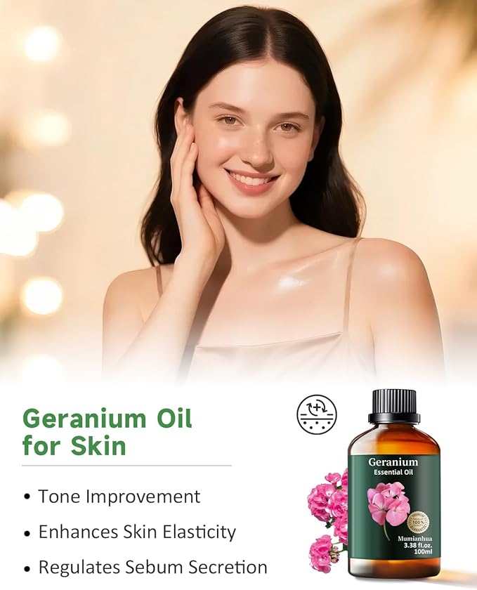 Geranium Essential Oil, Mumianhua Pure Rose Geranium Oil for Balanced Skin & Mood Harmony, Floral Relaxation Oil for Diffuser, Night Routine & DIY Skin, Hair, 3.38 Fl Oz