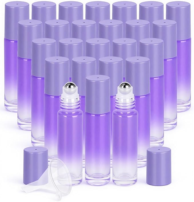 Worldgsb 25 Pack Essential Oil Roller Bottles, 10ml Refillable Glass Roller Bottles with Stainless Steel Roller Balls and Caps for Travel, Perfume and Lip Gloss Purple Gradient