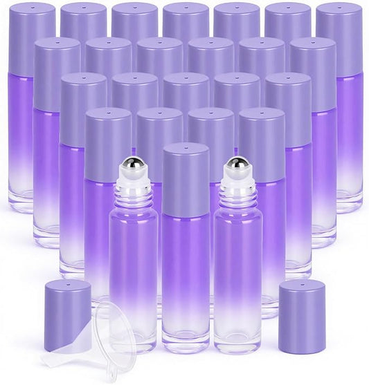 Worldgsb 25 Pack Essential Oil Roller Bottles, 10ml Refillable Glass Roller Bottles with Stainless Steel Roller Balls and Caps for Travel, Perfume and Lip Gloss Purple Gradient